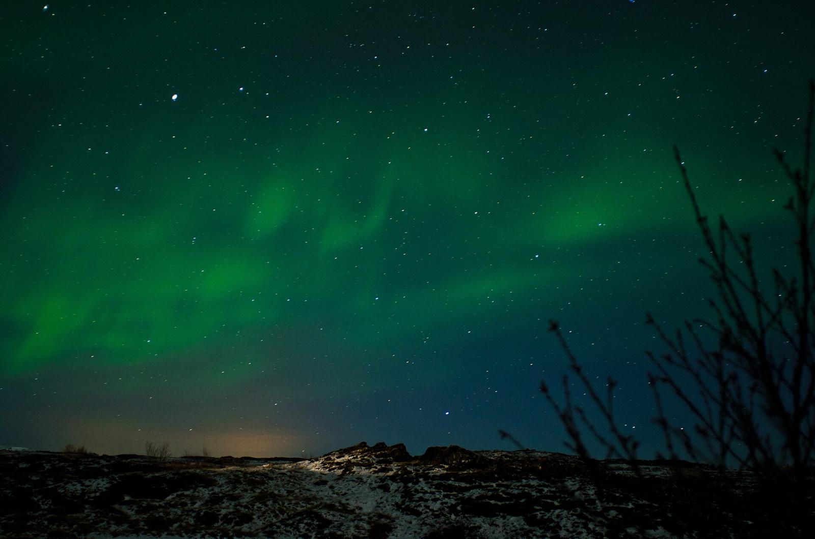 Northern lights over an Icelandic lava field