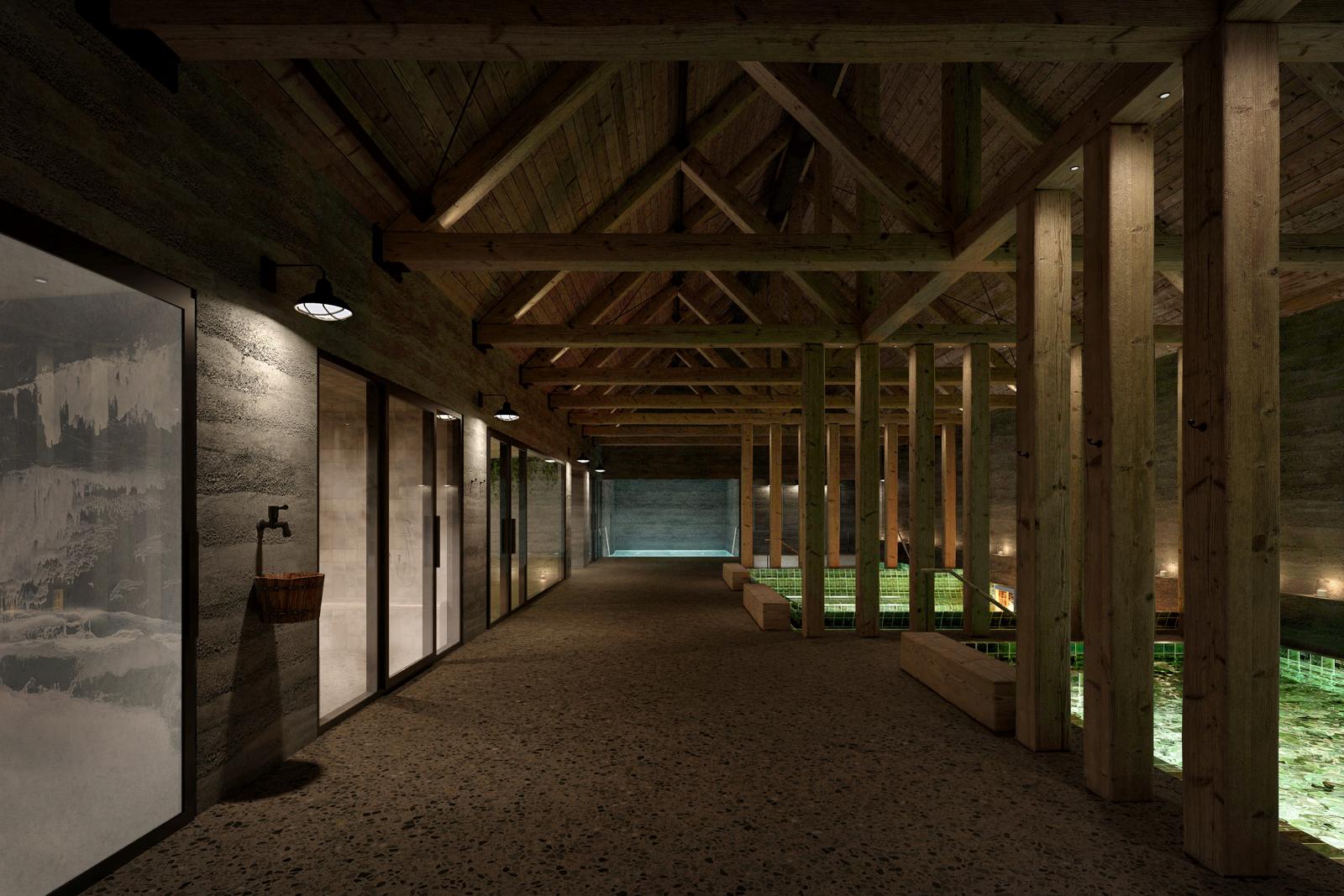 The timber hall of the Reykjaböð Nordic bathhouse