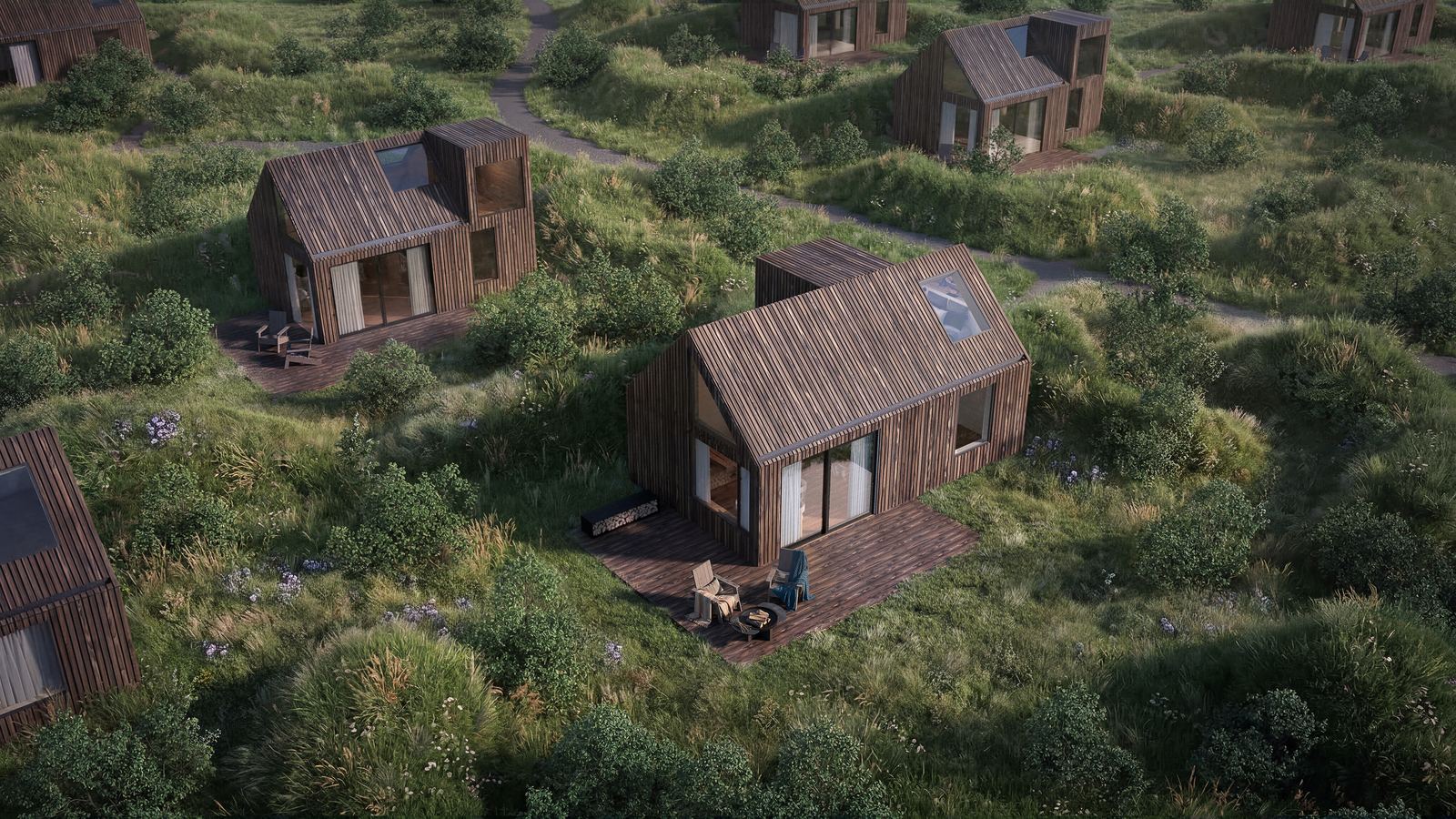 Architect’s rendering of the Hot Springs Lodges seen from above: timber cabins scattered across mossy green hillocks beside Reykjaböð