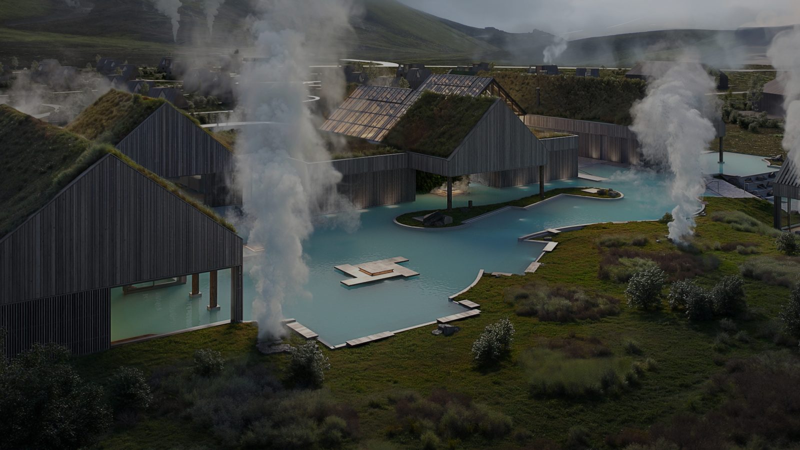 Venue rendering of the Reykjaböð hot springs from above: dark timber bathhouse buildings with green turf roofs and a greenhouse around turquoise geothermal pools, columns of steam, cabins beyond